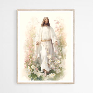 Jesús camina en el jardín DESCARGA DIGITAL, Arte de la pared de la acuarela, Arte moderno de la pared imprimible de la Biblia de Jesús, Arte de impresión digital, Regalo cristiano de la Biblia