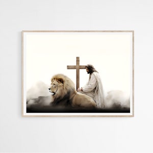 Jesus and Lion, Lion of Judah DIGITAL DOWNLOAD, Printable Wall Art, Modern Bible Watercolor Painting, Christ Christian Faith Gift,Home Décor