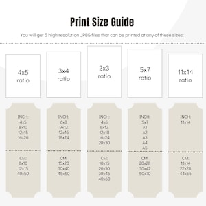 May include: Print size guide for digital images.  The guide shows different aspect ratios and corresponding measurements in inches and centimetres.  The ratios include 4x5, 3x4, 2x3, 5x7, and 11x14.