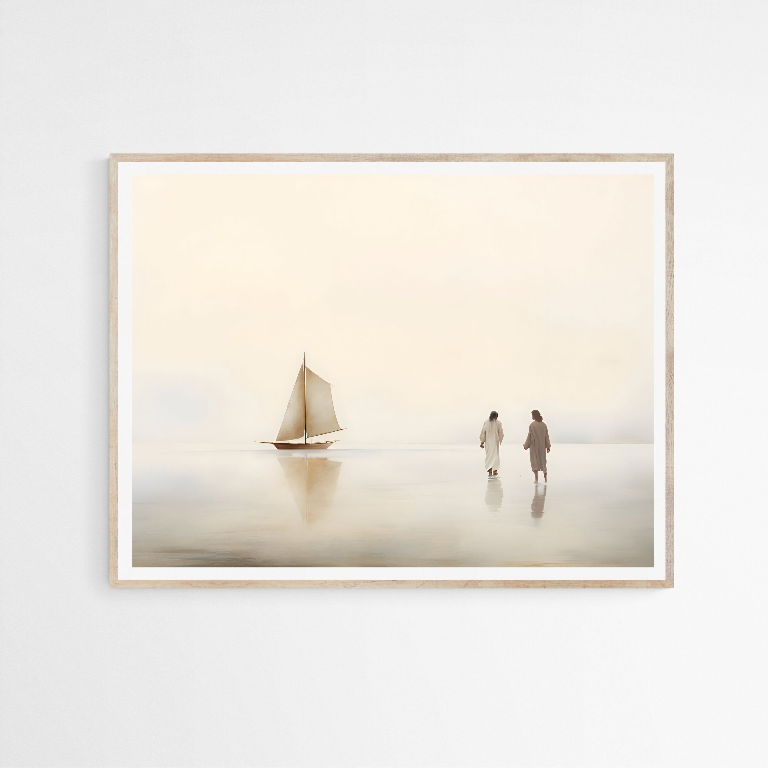 Jesus and Peter Walk on Water DIGITAL DOWNLOAD, Modern Jesus Bible Printable Wall Art, Digital Print Art Bible Drawing Christian Faith Gift