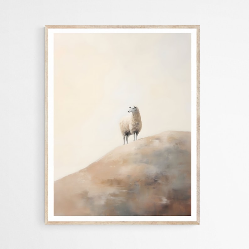 May include: A white sheep stands on a brown hilltop against a light beige background. The sheep is looking to the left of the image.