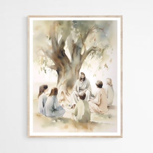 Jesús con niños DESCARGA DIGITAL, arte de pared de acuarela, arte de pared imprimible de la Biblia de Jesús moderno, arte de impresión digital, regalo de fe cristiana de la Biblia