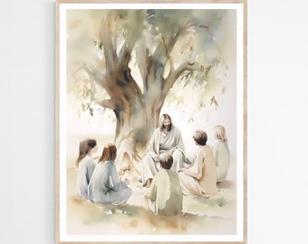 Jesus with Children DIGITAL DOWNLOAD, Watercolor Wall Art,Modern Jesus Bible Printable Wall Art,Digital Print Art,Bible Christian Faith Gift