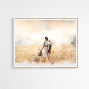 El Buen Pastor DESCARGA DIGITAL, Jesús y el Cordero, El viaje a casa, Pintura en acuarela, Arte de pared imprimible, Arte SUD, Regalo de fe cristiana