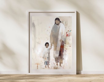 Jesus with Child DIGITAL DOWNLOAD, Watercolor Wall Art, Modern Jesus Bible Printable Wall Art, Digital Print Art, Bible Christian Faith Gift