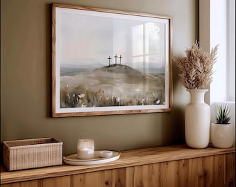 Drie kruis op Golgotha gedrukte poster, religieuze afdrukbare muurkunst, Pasen-huisdecoratie, Jezus kruisiging, Golgotha, christelijk geloof cadeau