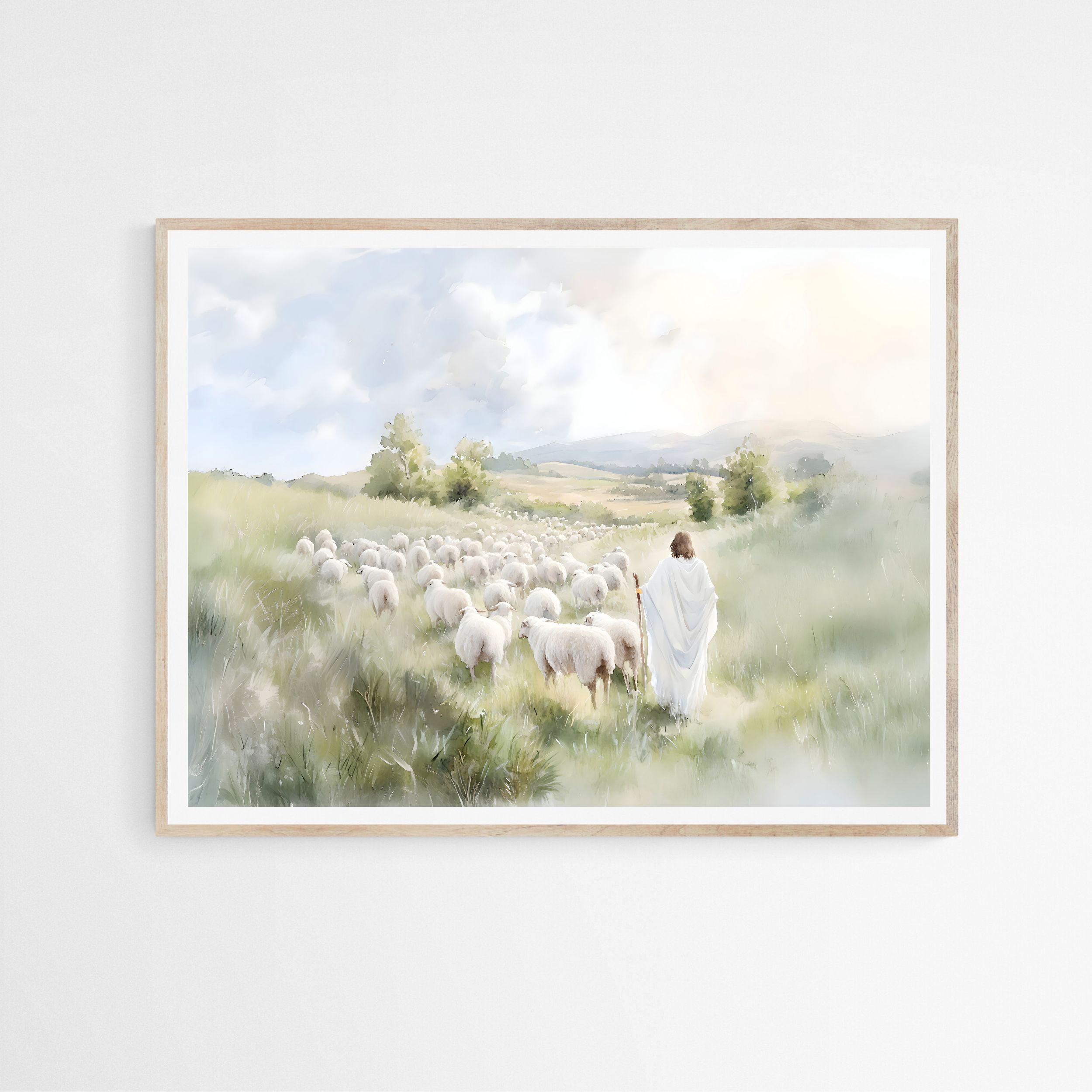 Jesus Christ Shepherd and Sheep DIGITAL DOWNLOAD, Watercolor Painting, Modern Bible Printable Art, Christian Faith Gift,Spiritual Home Décor