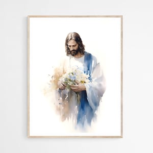 Forget-me-not Jesus Portrait DIGITAL DOWNLOAD, Watercolor Wall Art, Modern Jesus Bible Printable Wall Art, Digital Art, Bible Christian Gift