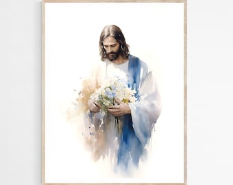 Forget-me-not Jesus Portrait DIGITAL DOWNLOAD, Watercolor Wall Art, Modern Jesus Bible Printable Wall Art, Digital Art, Bible Christian Gift