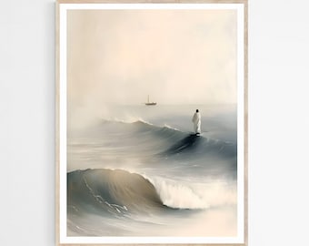 Jesus Walks on Water DIGITAL DOWNLOAD, Watercolor Wall Art, Modern Jesus Bible Printable Wall Art, Digital Print Art, Bible Christian Gift