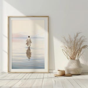 Póster impreso de Jesús camina sobre el agua, arte mural en acuarela, arte mural imprimible de la Biblia de Jesús moderna, arte de impresión digital, regalo cristiano bíblico