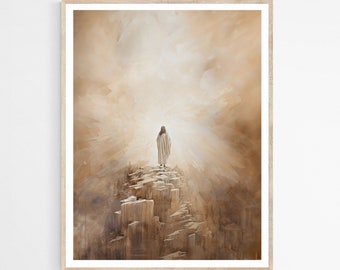 山で祈るイエス デジタルダウンロード、現代のイエスの聖書の印刷可能な壁アート、デジタルプリントアート ボヘミアン聖書の絵画、キリスト教の信仰の贈り物