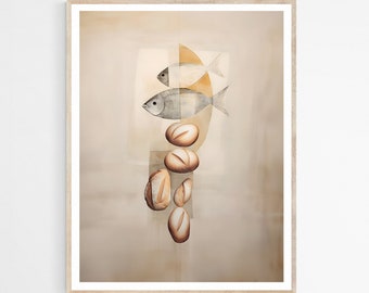 2 Fish and 5 Loaves DIGITAL DOWNLOAD, Bible Verse Printable Wall Art, Digital Modern Art Painting, Christian Faith Gift