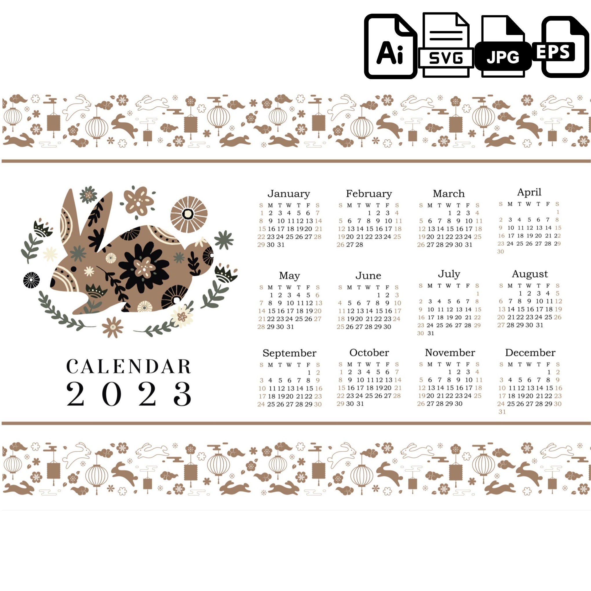 2023 Calendar Svg Rabbit Calendar Decor Calendar Clipart Etsy