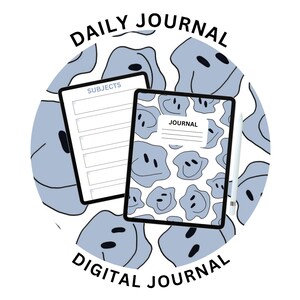 May include: A digital journal app with a blue and white smiley face pattern. The app has a section for subjects and a section for journaling. The app is displayed on a tablet with a stylus.