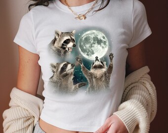 Three Raccoons baby tee, Retro Raccoon Moon crop Tees, Raccoon Lovers, Funny Raccon Crop shirt, Meme Ugly T Shirt, Y2K Women Fitted tee