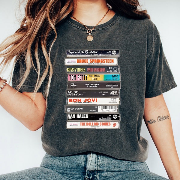 Rock Cassettes Tape Printed T-Shirt, Rock Bands Shirt, Unisex Tee, Vintage Feel, Retro Rock Band, 80s Rock and Roll Tee, Vintage Tee