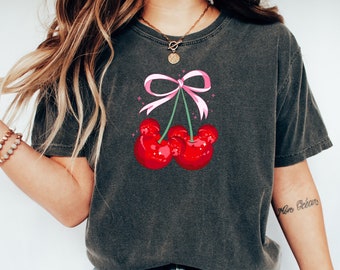 Comfort Colors® Shirt Minnie Mouse Cherry Bow, Disney-T-shirt Coquette, Disney-familiereis, Shirt Mickey Mouse Ears, T-shirt Minnie Mouse