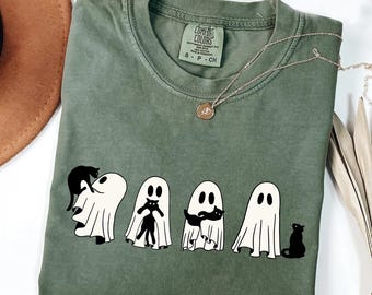 Komfortfärger Halloween svart katt & spöke-tröja, Halloween spök-t-shirt, läskig säsongskatt-tröja, söt Halloween-outfit för kvinnor, Halloween-present