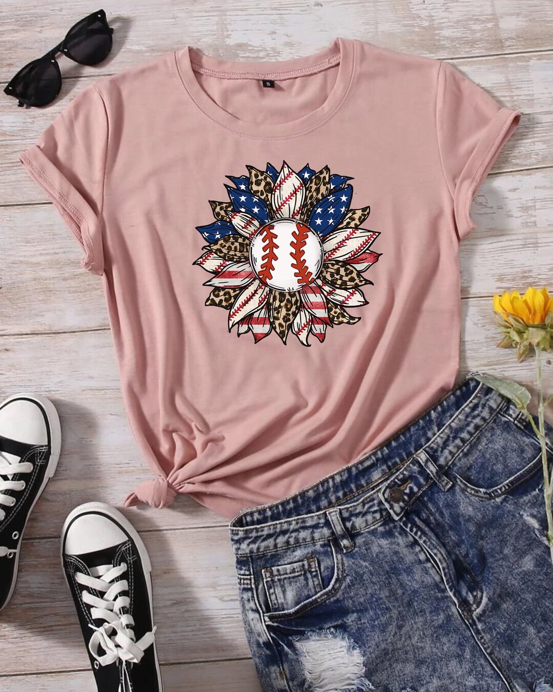 USA Baseball Shirt, Leopard Sunflower Baseball Mama Shirt, American