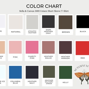 May include: Color chart for Bella & Canvas 3001 Unisex Short Sleeve T-Shirt. The chart displays color swatches including white, natural, athletic heather, dark heather gray, brown, black, heather peach, pink, charity pink, heather mauve, heather maroon, red, heather ice blue, columbia blue, heather navy, heather military green, and kelly.