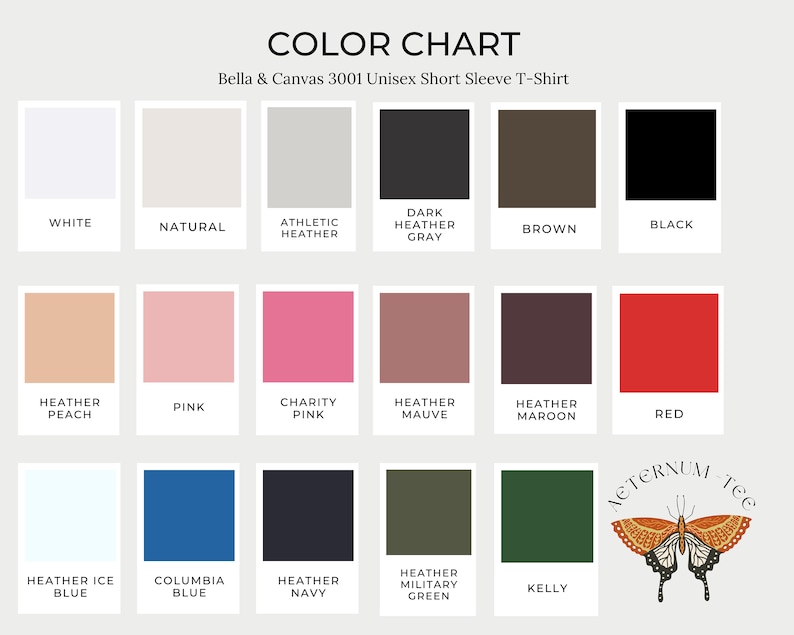 May include: Color chart for Bella & Canvas 3001 Unisex Short Sleeve T-Shirt. The chart displays color swatches including white, natural, athletic heather, dark heather gray, brown, black, heather peach, pink, charity pink, heather mauve, heather maroon, red, heather ice blue, columbia blue, heather navy, heather military green, and kelly.