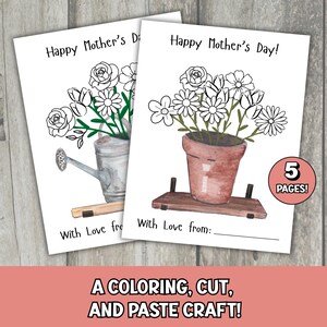 Könnte beinhalten: Zwei weiße Karten mit dem Text "Happy Mother's Day!" und floralen Illustrationen. Eine Karte zeigt eine Gießkanne, die andere einen Blumentopf. Die Karten sind Teil eines Ausmal-, Ausschneide- und Klebebastelns. Ein roter Kreis zeigt "5 Seiten!"