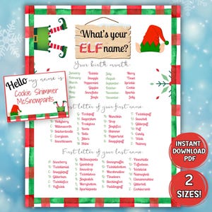 Whats your elf name game, Christmas Party Elf Name Generator, Friendsmas Games, Find your elf name, Elf Name Game, Elf Name Printable