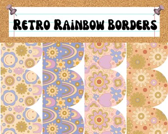 Printable Retro Rainbows and flowers, Bulletin Board Borders, Unique Vintage Borders, Groovy Classroom, office, or home decor.