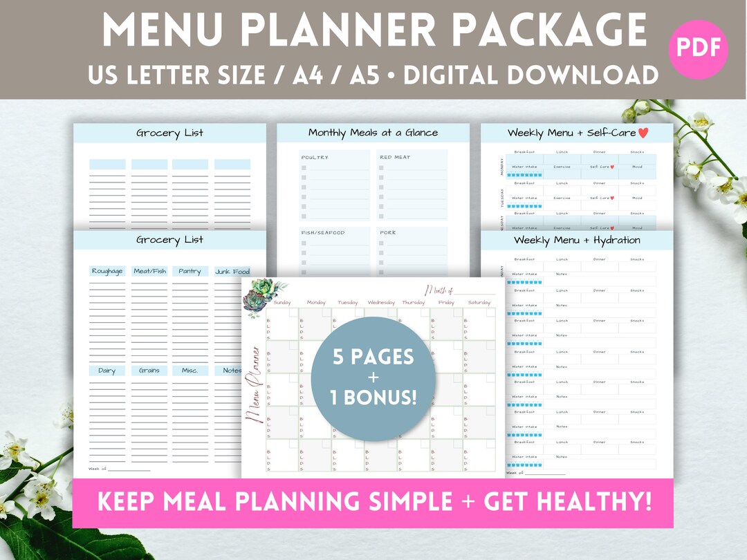 Menu Planner, Meal Tracker, Grocery List, Printable Meal Planner ...