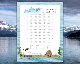 Alaskan Cruise Word Search, Alaska Trip Games, Cruise Printable, Cruise Ship Games, Kids and Adults Alaska Word Search