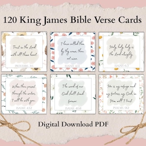 May include: A set of 120 King James Bible verse cards. Each card features a different verse with floral and watercolor designs. The text "Digital Download PDF" is also visible.