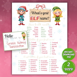 Whats your elf name game, Christmas Party Elf Name Generator, Friendsmas Games, Find your elf name, Elf Name Game, Elf Name Printable