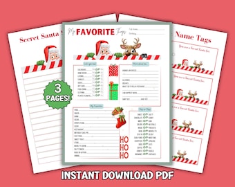 May include: A set of three printable Christmas-themed pages. The pages include a "Secret Santa" list, a "My Favourite Things" questionnaire, and "Name Tags." The design features Santa Claus, reindeer, and gift illustrations. Text includes "Instant Download PDF."