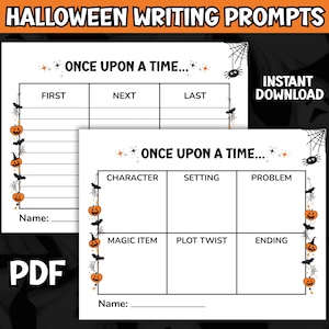Pode incluir: Duas folhas de prompts de escrita com tema de Halloween com o texto "ONCE UPON A TIME..." e prompts para elementos da história. As folhas são decoradas com abóboras, morcegos e teias de aranha. As palavras "HALLOWEEN WRITING PROMPTS" e "INSTANT DOWNLOAD" também são visíveis.