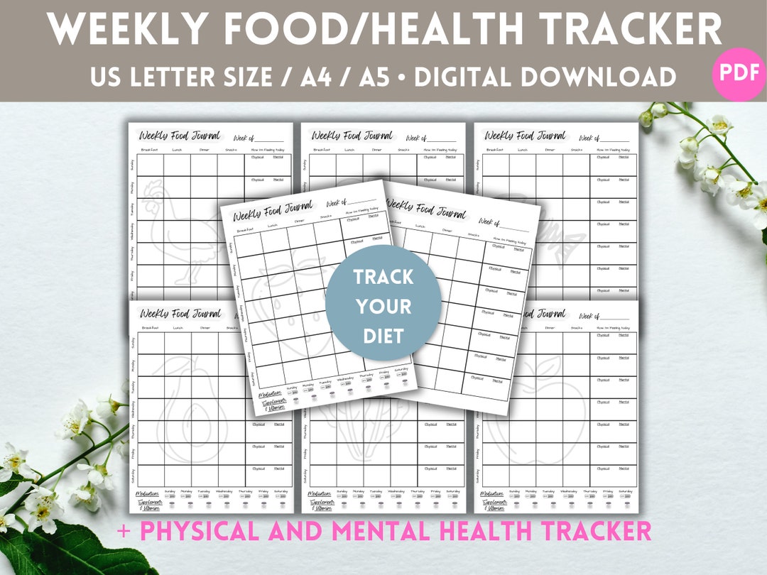 Weekly Food Journal, Food Tracker, Physical and Mental Health Tracker, Track Meds, Vitamins, and ...