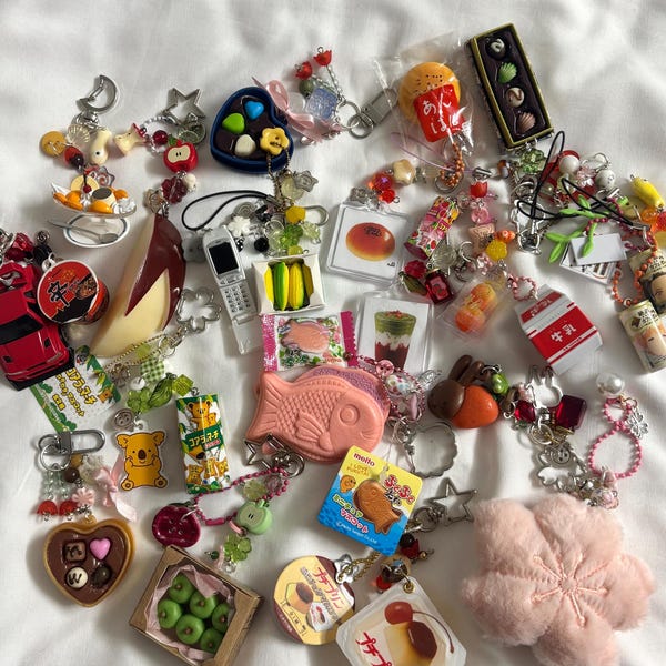 Japanese Trinket Beaded Keychains, Kawaii Trinket Accessory, Keyring, phone strap, bread, parfait, matcha, Miffy, taiyaki fish, apple,sakura