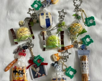 Japanese Bakery Trinket Beaded Keychains, Kawaii Trinket Accessory, Keyring, phone strap, bread, parfait, matcha, taiyaki fish, apple, bread