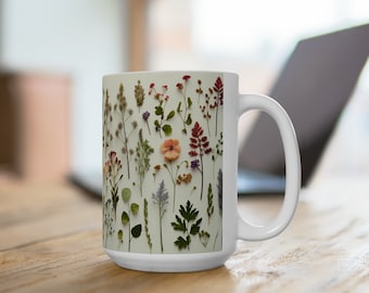 Charming Vintage Flowers Market 15oz White Ceramic Mug, Customizable, Microwave & Dishwasher Safe, Lead/BPA-Free, Ideal for Home or Office