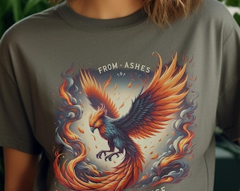 Fiery Phoenix T-Shirt 'From Ashes I Rise' Unisex Heavy Cotton Tee, Mythical Phoenix Graphic Tee, Resilience Shirt, Power Tee, Phoenix Rising