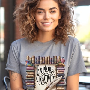 Authors shirt librarian tshirt book lovers shirt Creativity Tee parchment T-Shirt Feather Pen & Books Design library Tshirt mothers gift