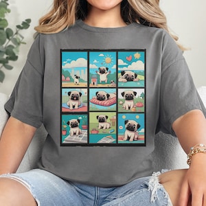 Pug Cartoon Squares Tee, Dog Lover Tshirt, Cute Animal Shirt, Funny Pet Graphic Top, Playful Animal Apparel