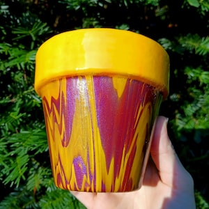 Hand-Painted Marble Swirl Clay Planter - 4.5" Purple & Yellow Succulent Pot