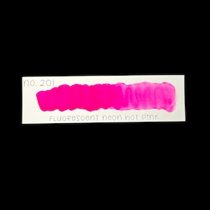May include: A rectangular white card with a gradient of fluorescent neon hot pink watercolor paint. The card has the text "no. 201" and "fluorescent neon hot pink" in black text.