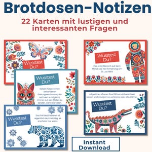May include: A collection of six illustrated cards with German text. Each card features a different design, including a butterfly, astronaut, cat, and bear, with the words "Wusstest Du?" in a white box. The cards are decorated with floral elements.