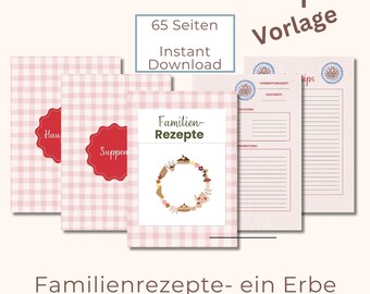 May include: A pink and white checkered printable recipe book template with the title "Familien-Rezepte" and the text "65 Seiten Instant Download Vorlage". The template includes sections for ingredients, preparation, cooking time, and tips.