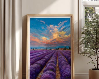 Lavender Field Sunset Wall Art Print, Provence Landscape Digital Download, Romantic Countryside Painting, Rustic Boho Home Decor