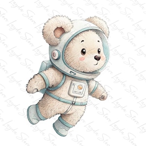 Oso de peluche astronauta PNG, lindo clipart espacial, oso bebé acuarela, arte de habitación infantil, clip art de baby shower, descarga digital