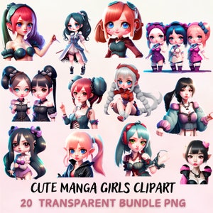 Süße Manga Girls Transparente Sublimation Clipart PNG, Manga weibliche Charaktere, Manga Illustration Download, Anime Cartoon Grafikpaket PNG