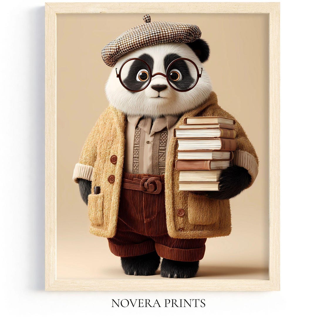 Reading Panda Wall Art, Soft Academia Panda Poster, Vintage Plush Panda ...